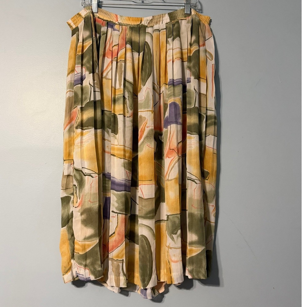 Alfred Dunner Size 20W Abstract Watercolor Pleated Midi Skirt Yellow Green 2290
